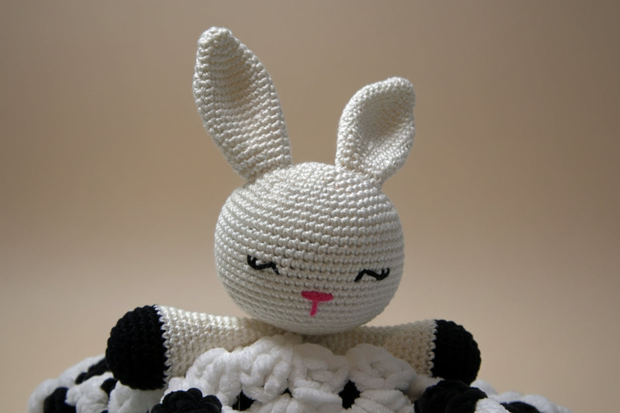 Handmade crochet bunny lovey from the comforter compagnon collection of the baseline handicraft, crafted in France with love.