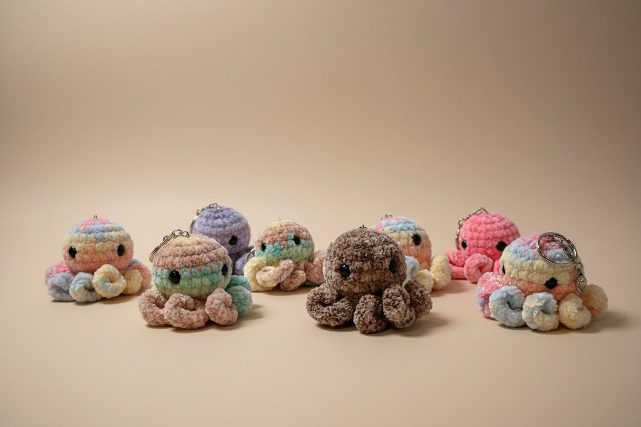 Handmade crochet keychain mini octopus from the amigurumi marine life collection of the baseline handicraft, crafted in France with love.
