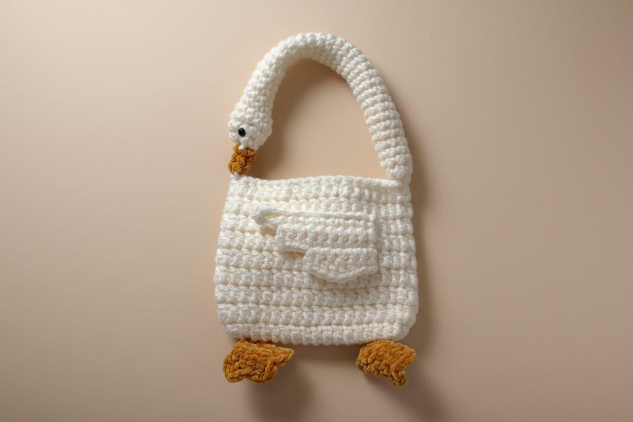 Handmade crochet swan hand bag from the wearables bag collection of the baseline handicraft, crafted in France with love.