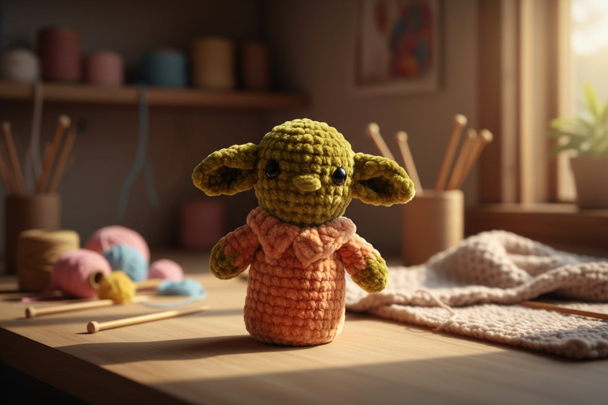 Handmade crochet alien Yo the green from the amigurumi collection of the baseline handicraft, crafted in France with love.