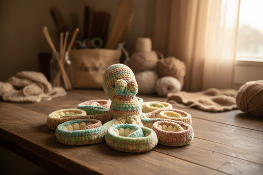 Handmade crochet Anchor the octopus from the amigurumi marine life collection of the baseline handicraft, crafted in France with love. 
