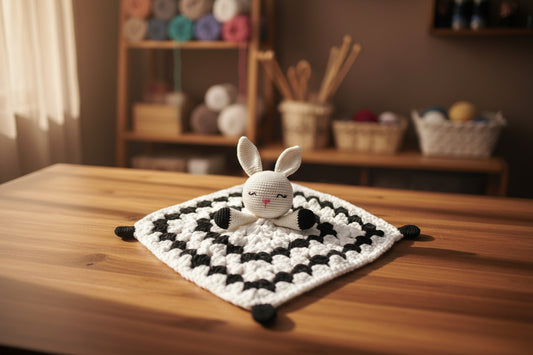 Handmade crochet bunny lovey from the comforter compagnon collection of the baseline handicraft, crafted in France with love.
