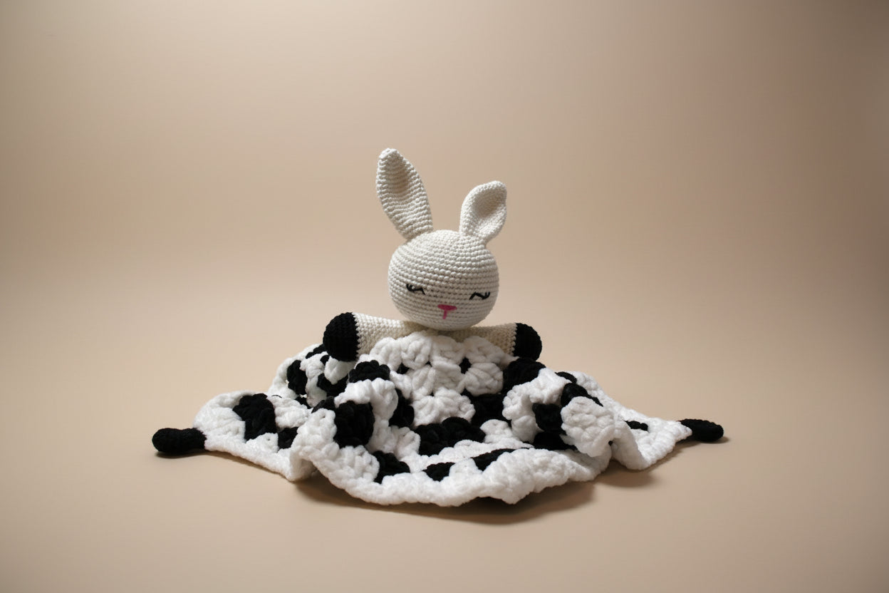Handmade crochet bunny lovey from the comforter compagnon collection of the baseline handicraft, crafted in France with love.