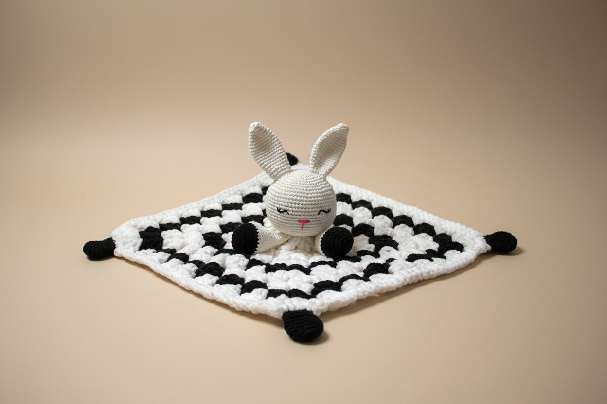 Handmade crochet bunny lovey from the comforter compagnon collection of the baseline handicraft, crafted in France with love.