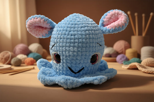 Handmade crochet Dumbo the octopus from the amigurumi marine collection of the baseline handicraft, crafted in France with love. 