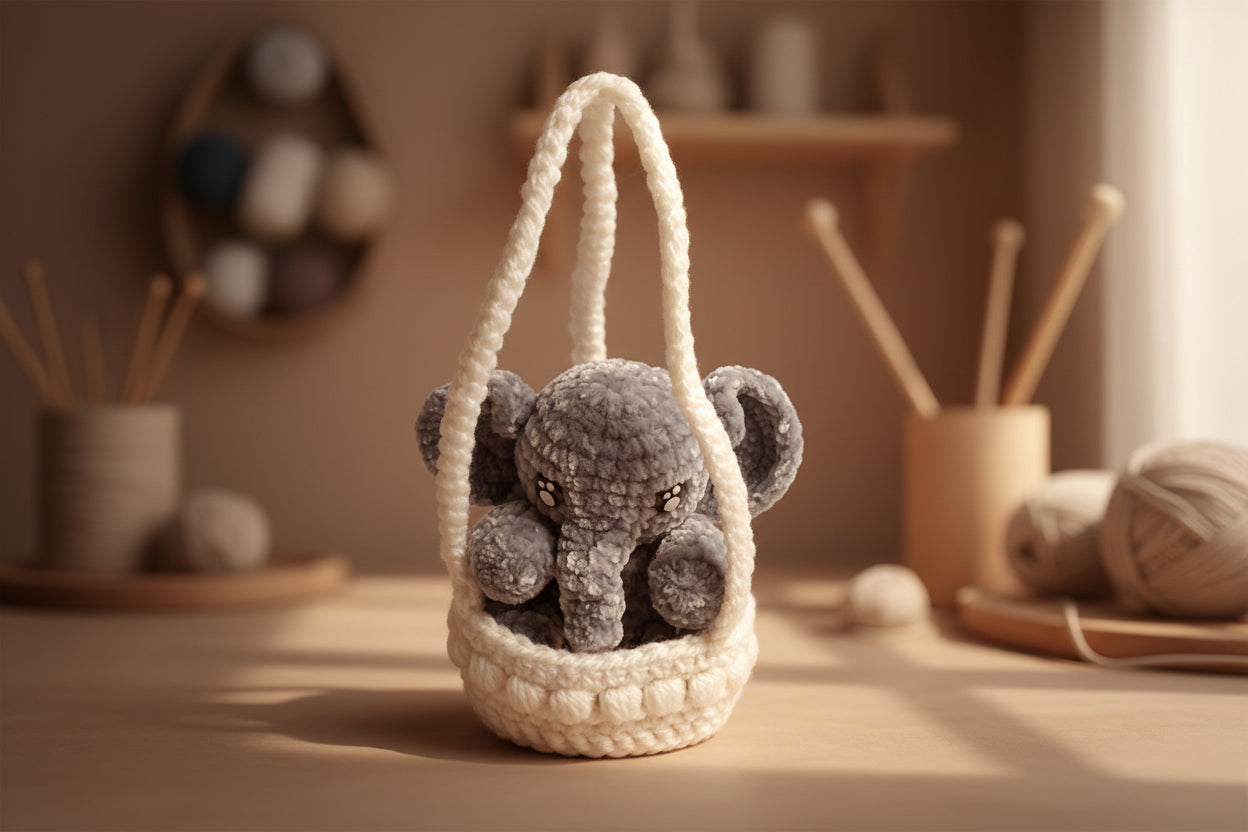 The elephant car hanger from the amigurumi collection of the Baseline Handicraft, handmade in France with love. 