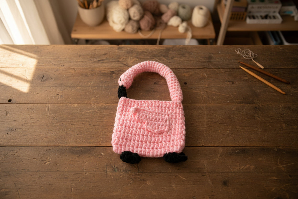 Handmade crochet flamingo hand bag from the wearables bag collection of the baseline handicraft, crafted in France with love. 