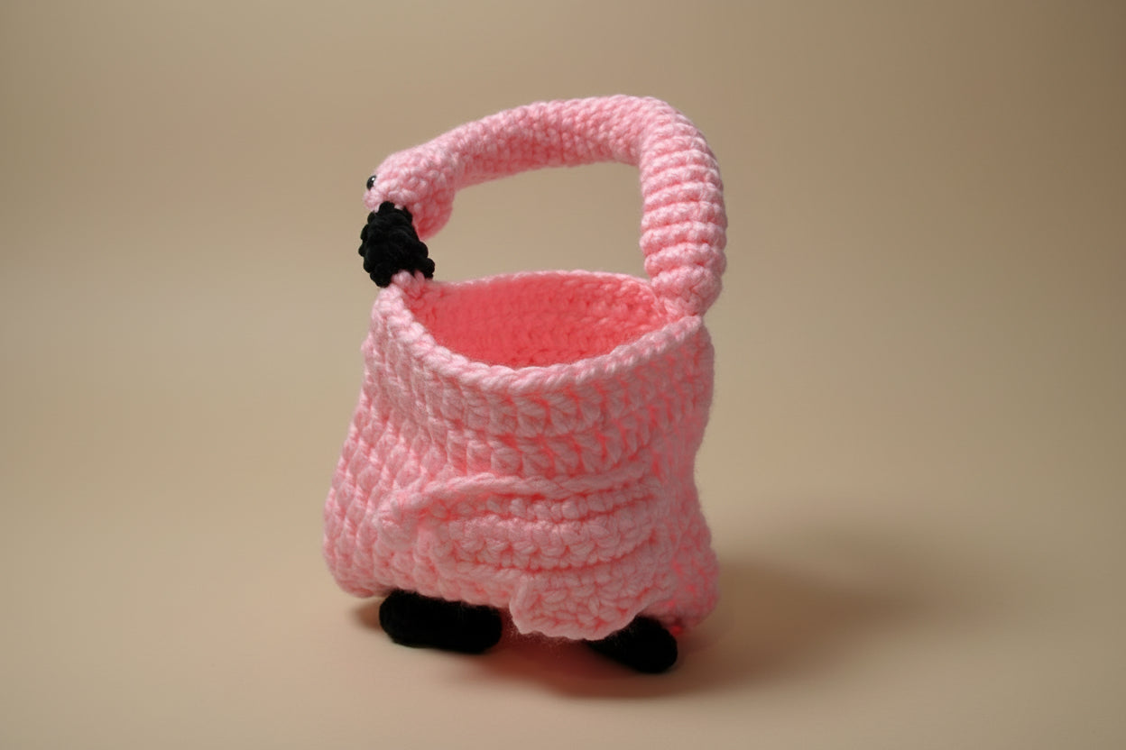 Handmade crochet flamingo hand bag from the wearables bag collection of the baseline handicraft, crafted in France with love. 