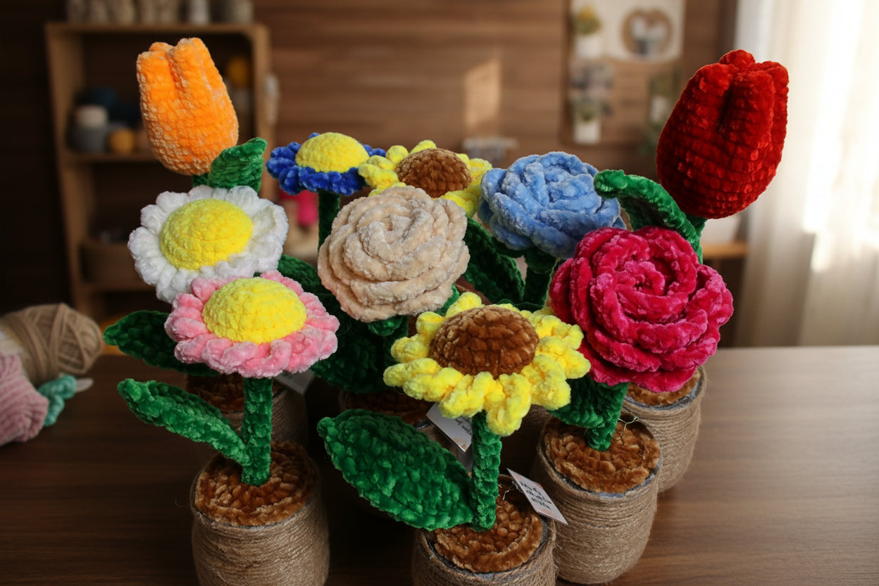 Handmade crocheted flowers from the flower collection, the baseline handicraft, made in rance with love. 