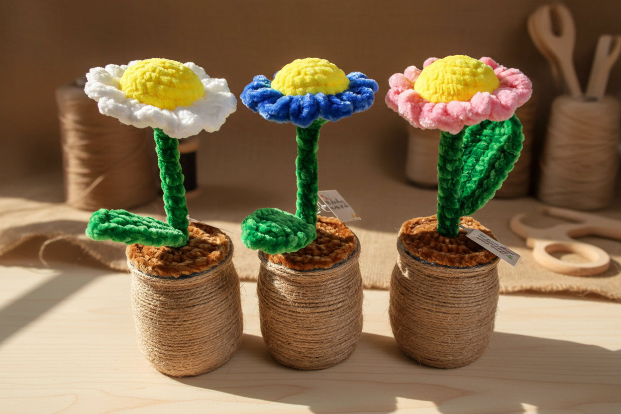 Handmade crochet daisy from the crocheted flower collection, crafted in France.