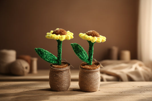 Handmade crochet sunflower from the crocheted flower collection, crafted in France.