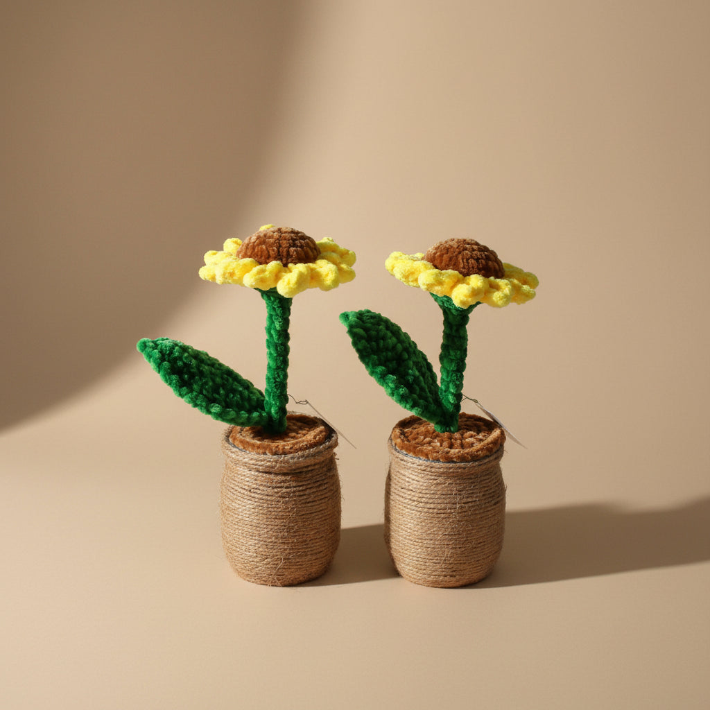 Handmade crochet sunflower from the crocheted flower collection, crafted in France.