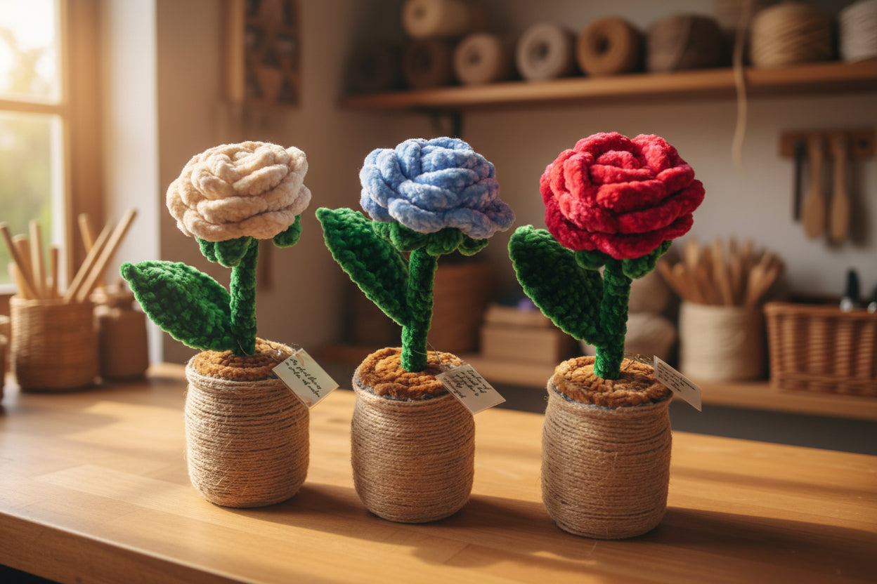 Handmade crochet rose from the crocheted flower collection, crafted in France.