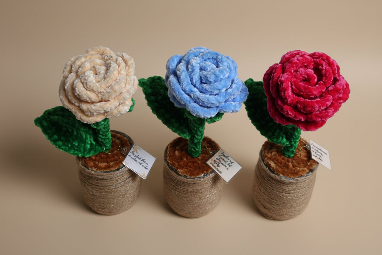 Handmade crochet rose from the crocheted flower collection, crafted in France.