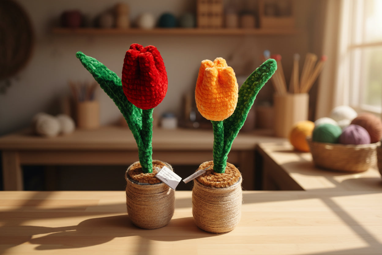 Handmade crochet tulip from the crocheted flower collection, crafted in France.