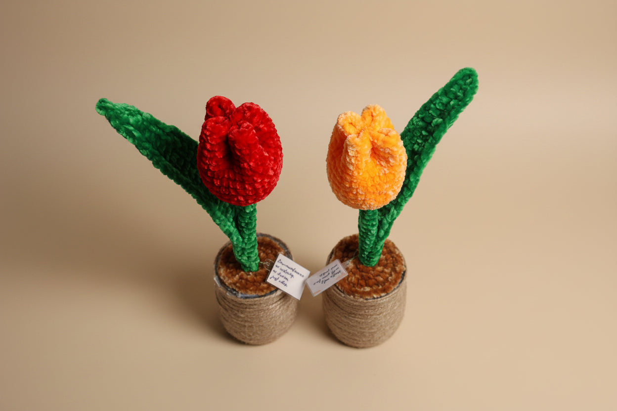 Handmade crochet tulip from the crocheted flower collection, crafted in France.
