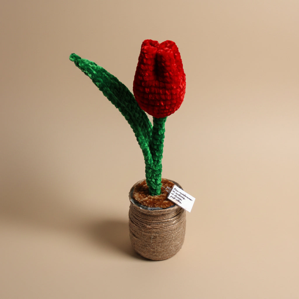 Handmade crochet tulip from the crocheted flower collection, crafted in France.