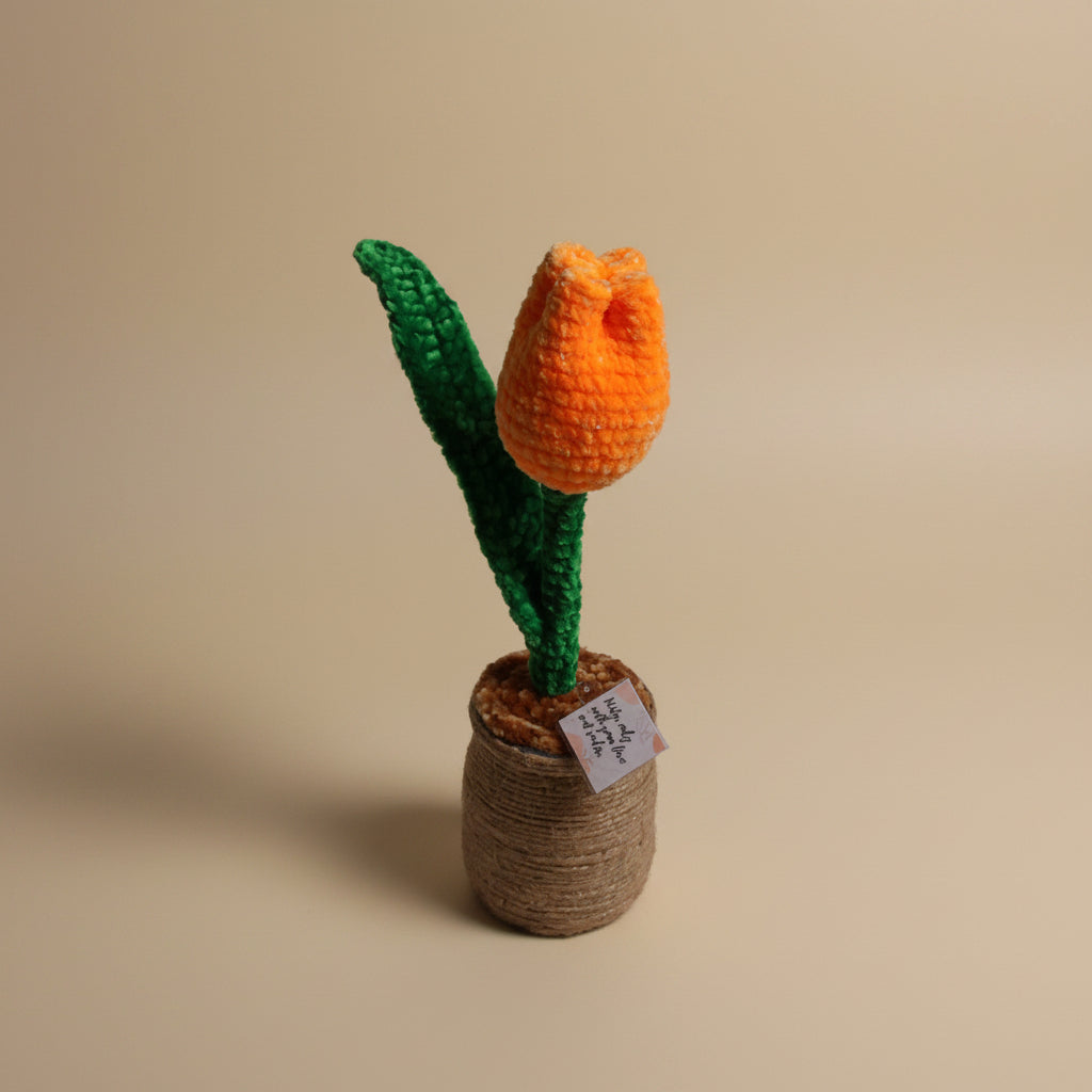 Handmade crochet tulip from the crocheted flower collection, crafted in France.