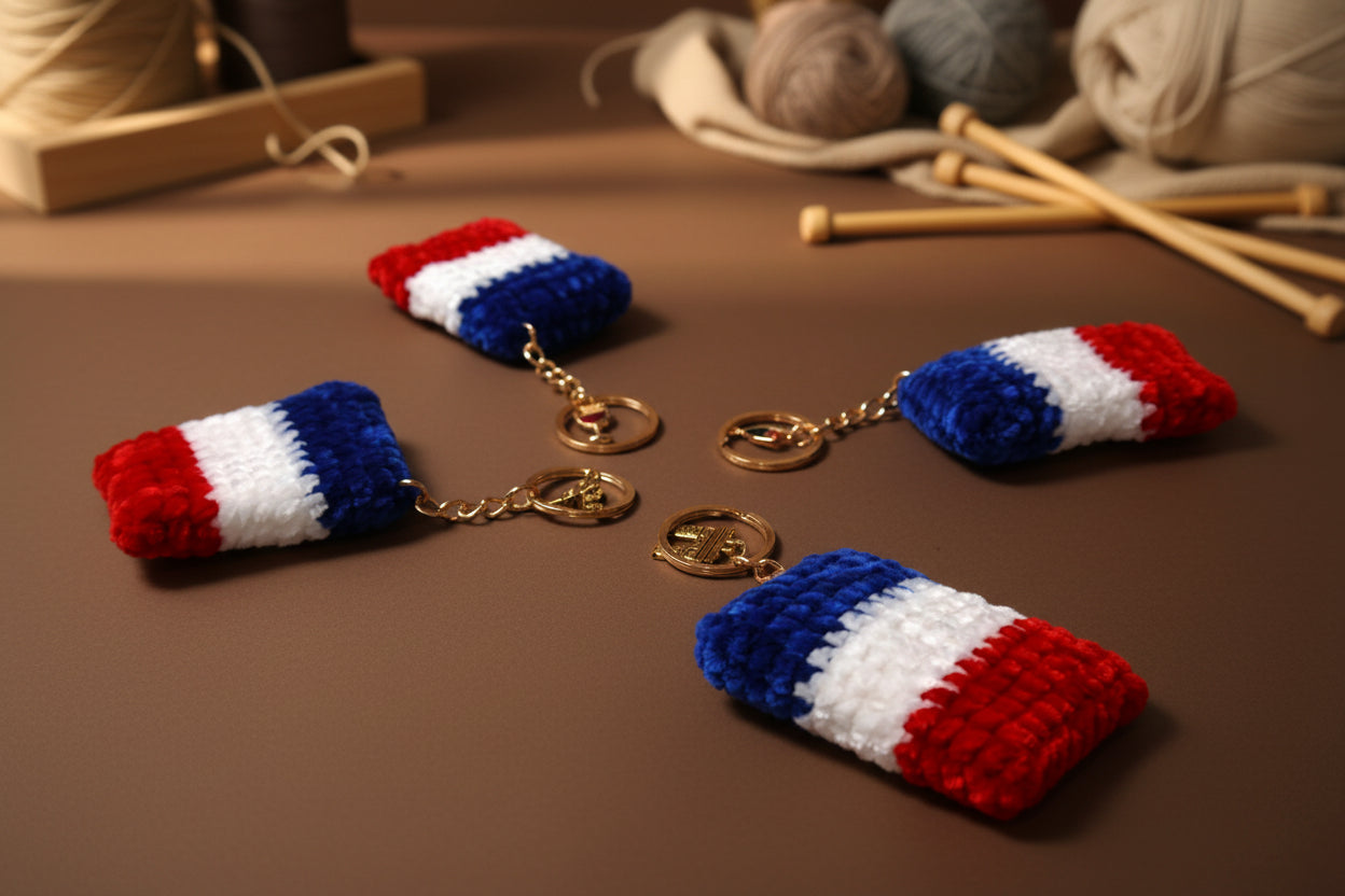 Handmade crochet keychain french flag from the accessorie collection of the baseline handicraft, crafted in France with love. 