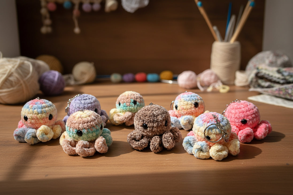 Handmade crochet keychain mini octopus from the amigurumi marine life collection of the baseline handicraft, crafted in France with love. 