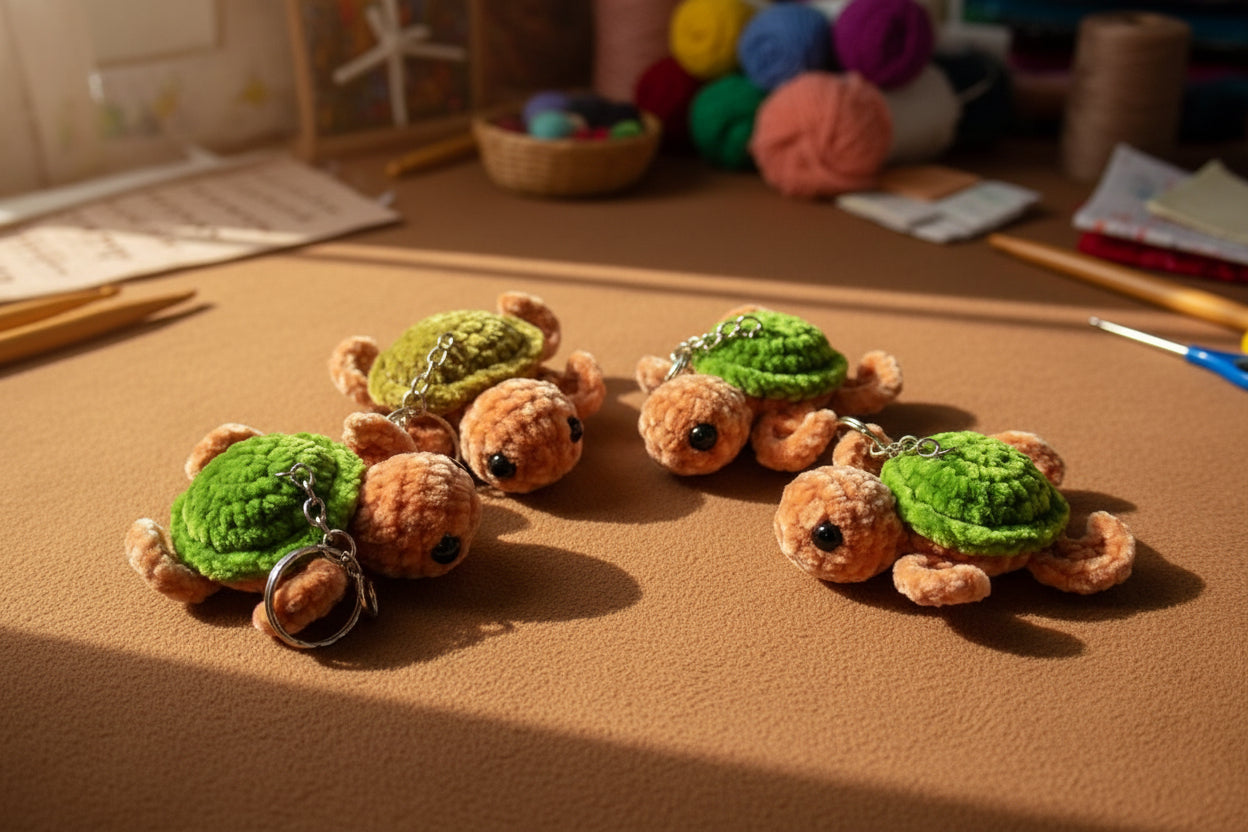Handmade crochet keychain turtle from the marine life collection of the baseline handicraft, crafted in France with love. 
