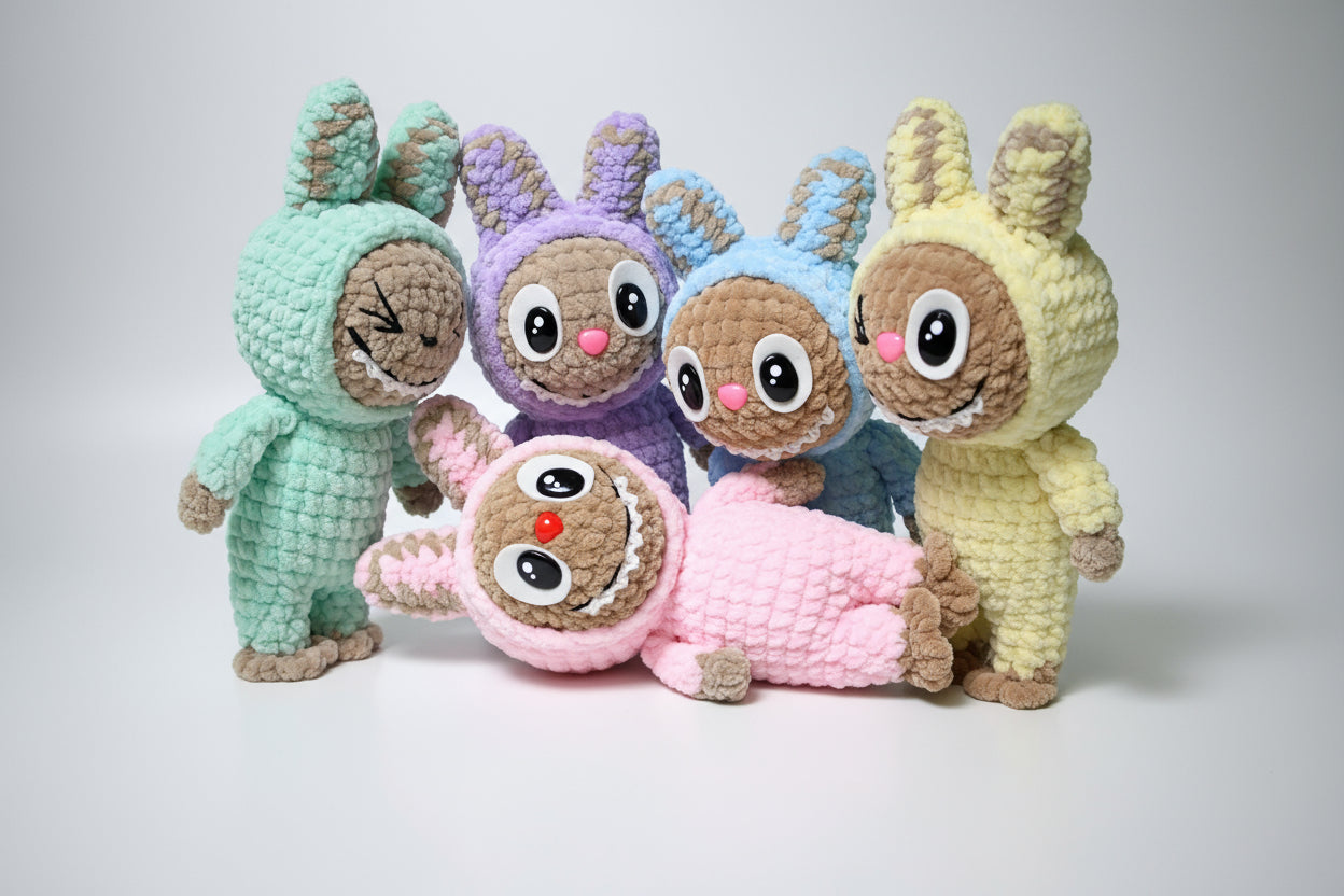 Handmade crochet labubu from the amigurumi collection of the baseline handicraft, crafted in France with love. 