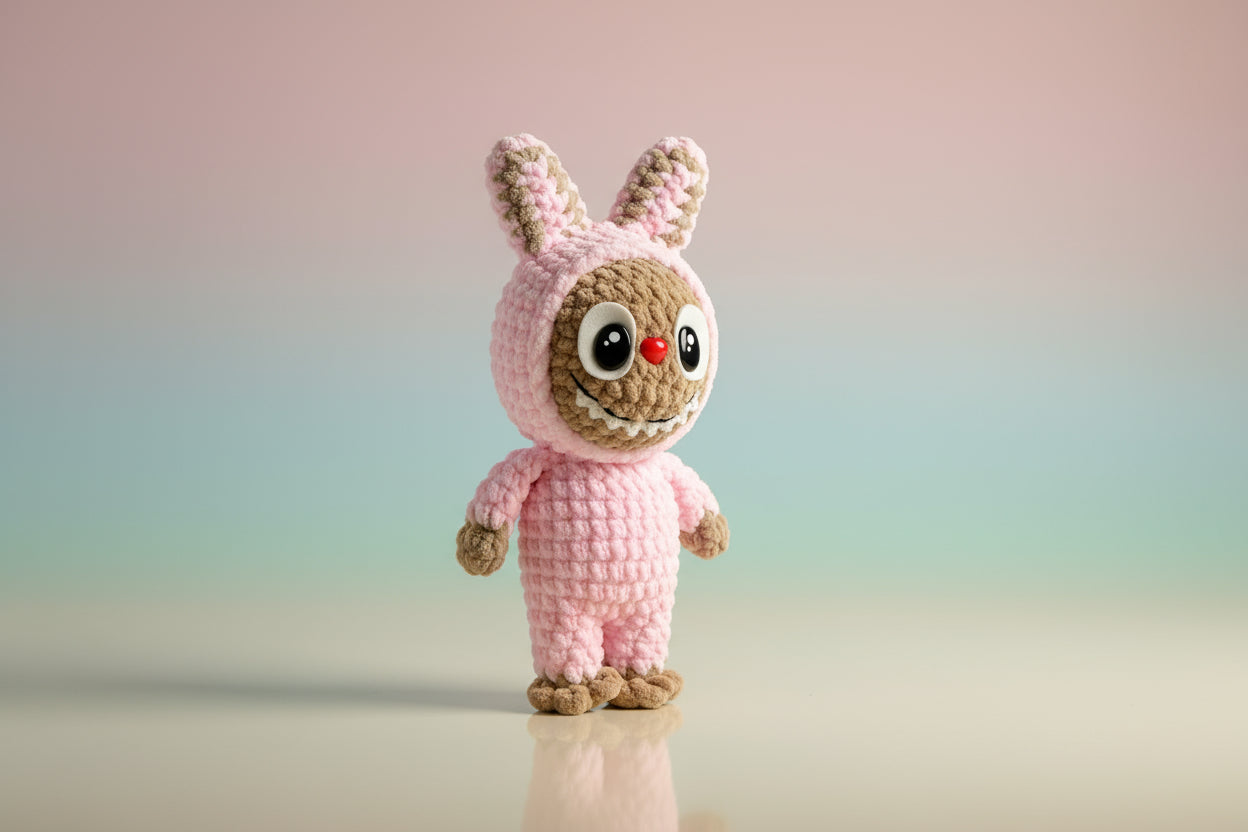 Handmade crochet labubu from the amigurumi collection of the baseline handicraft, crafted in France with love. 