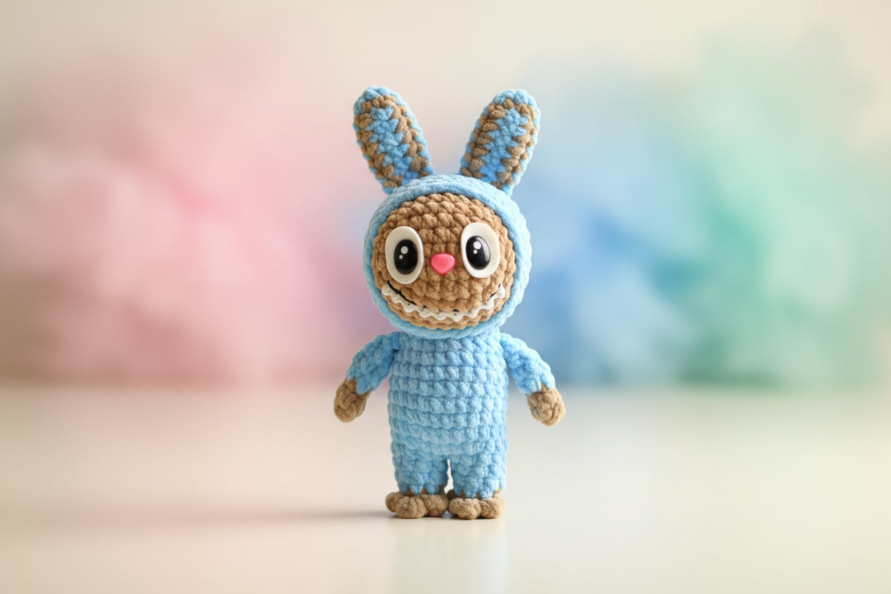 Handmade crochet labubu from the amigurumi collection of the baseline handicraft, crafted in France with love. 