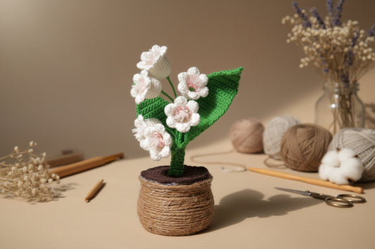 Handmade crochet lily of the valley from the crocheted flower collection, crafted in France.