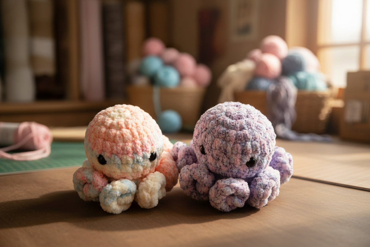 Handmade crochet little octopus desk charm from the amigurumi marine life collection of the baseline handicraft, crafted in France with love. 