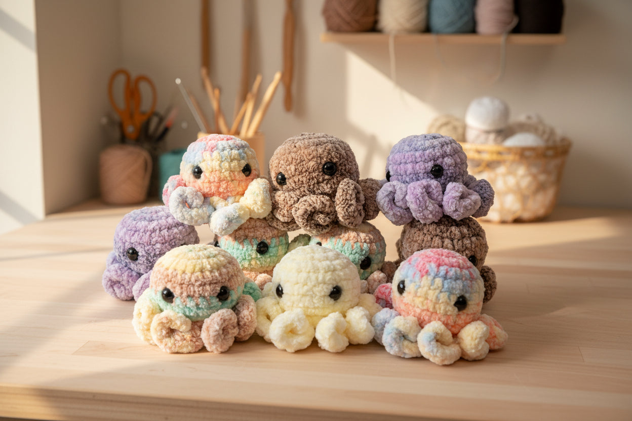 Handmade crochet mini octopus desk charm from the amigurumi marine life collection of the baseline handicraft, crafted in France with love. 