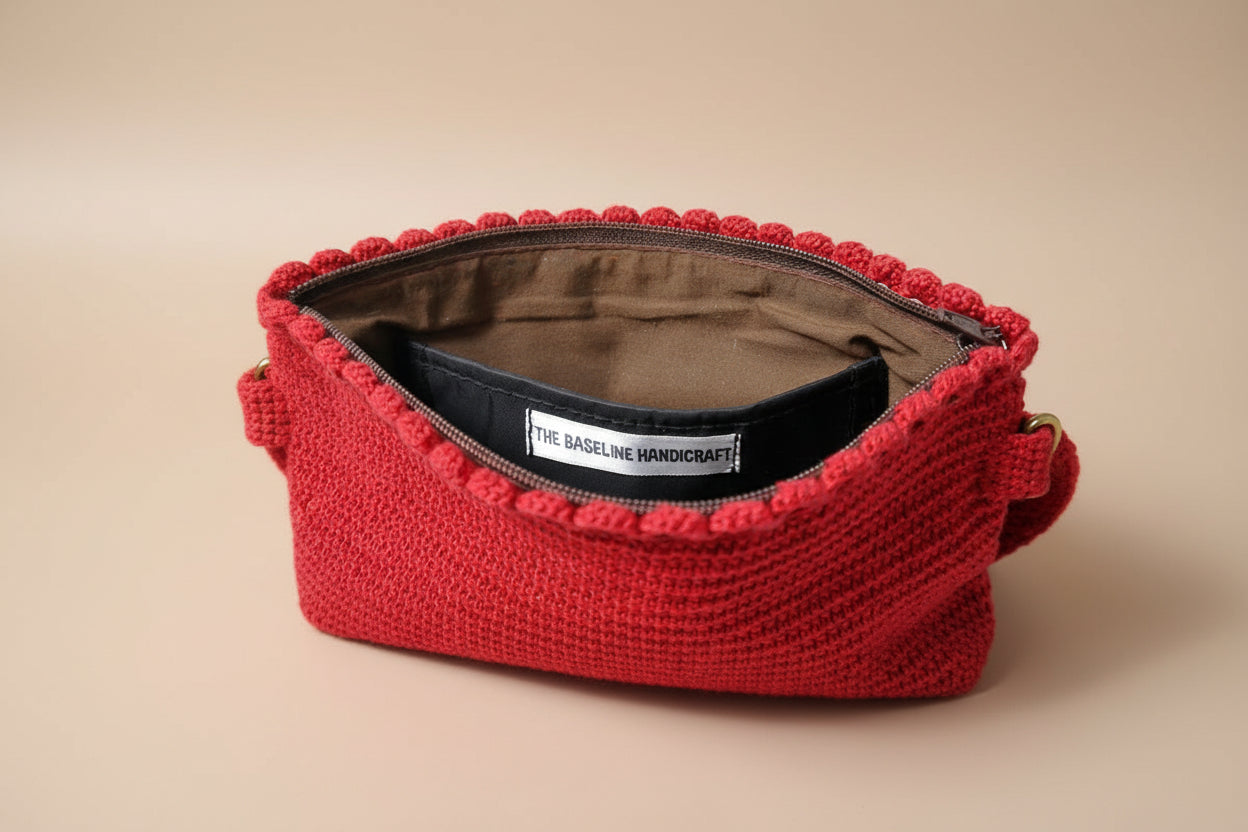 Handmade crochet mini pouch purse from the wearables bag collection of the baseline handicraft, crafted in France with love. 