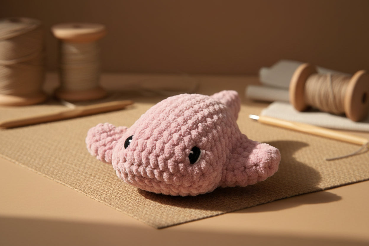 Handmade crochet mini short tail stingray from the amigurumi marine life collection of the baseline handicraft, crafted in France with love. 