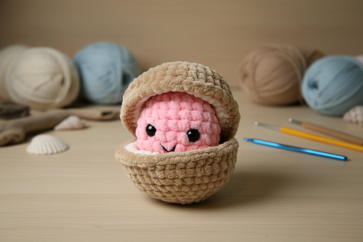 Handmade crochet pearl clam plush from the marine life collection of the baseline handicraft, crafted in France. 