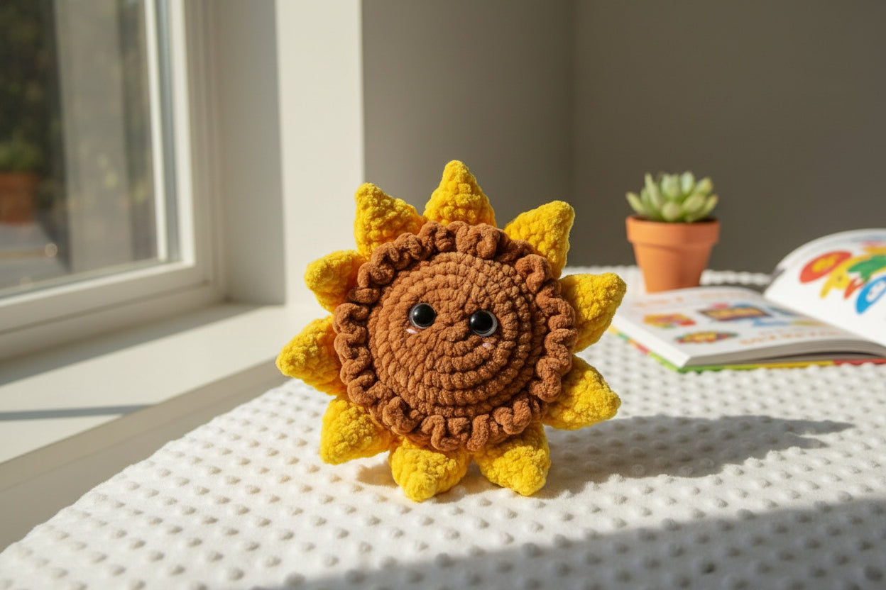 Handmade crochet sunflower from the amigurumi collection of the baseline handicraft, crafted in France with love. 