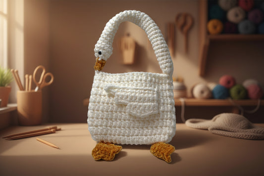 Handmade crochet swan hand bag from the wearables bag collection of the baseline handicraft, crafted in France with love. 