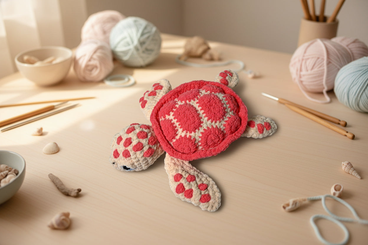 Handmade crochet olivia the turtle from the marine life collection of the baseline handicraft, crafted in France. 