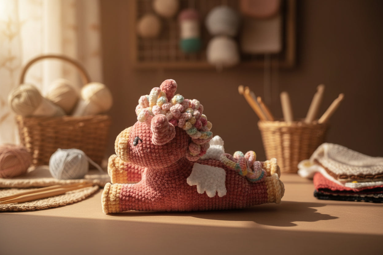 Handmade crochet twinkle peagasus from the amigurumi collection of the baseline handicraft, crafted in France with love.