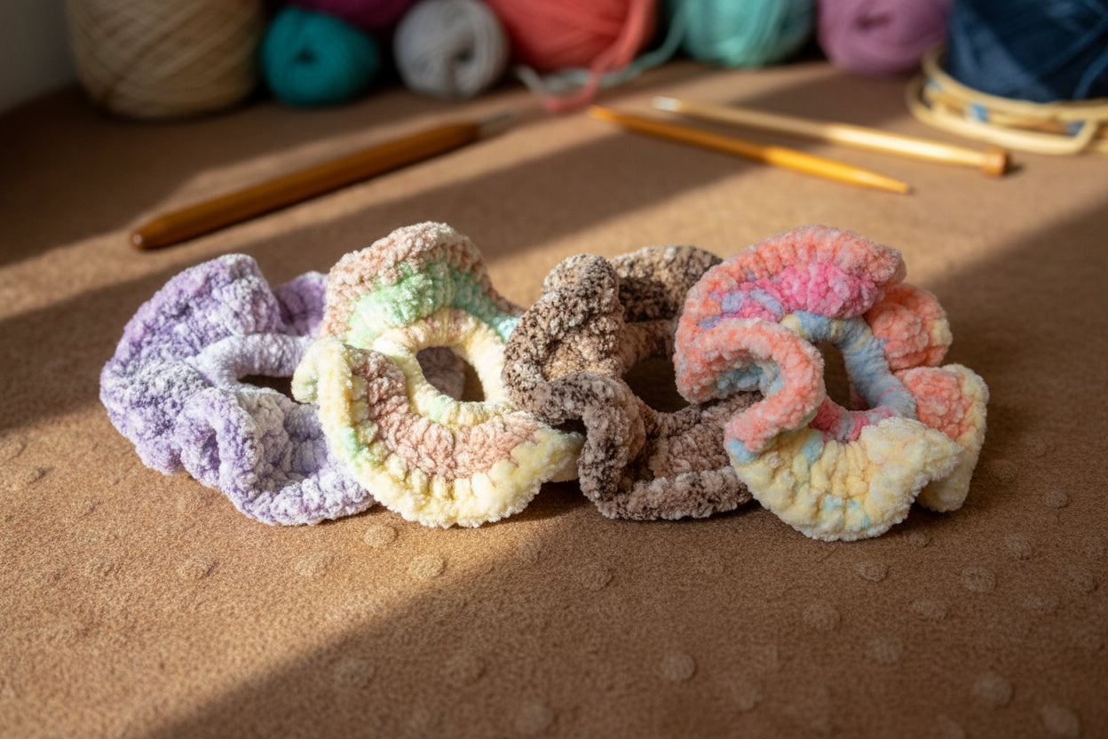 Handmade crochet hair scrunchies from the crocheted wearables collection, crafted in France with love. 