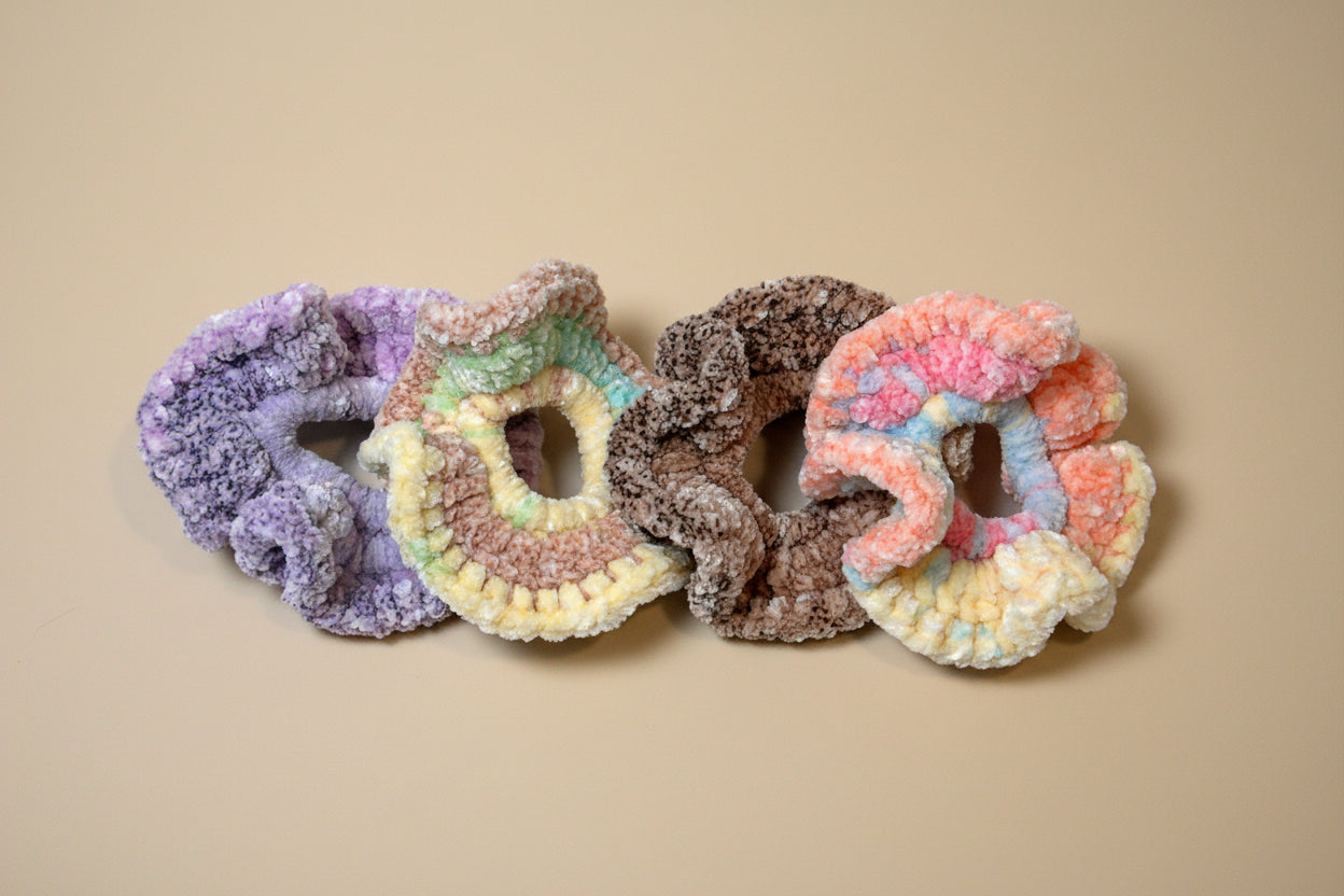 Handmade crochet hair scrunchies from the crocheted wearables collection, crafted in France with love. 