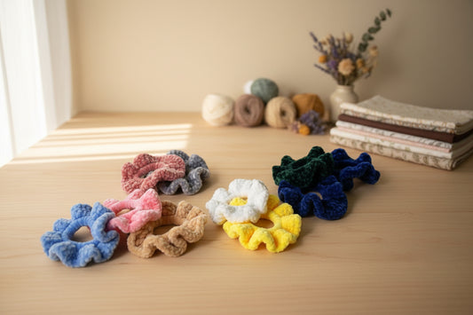 Handmade hair scrunchies from the crocheted wearables collection, crafted in France with love. 