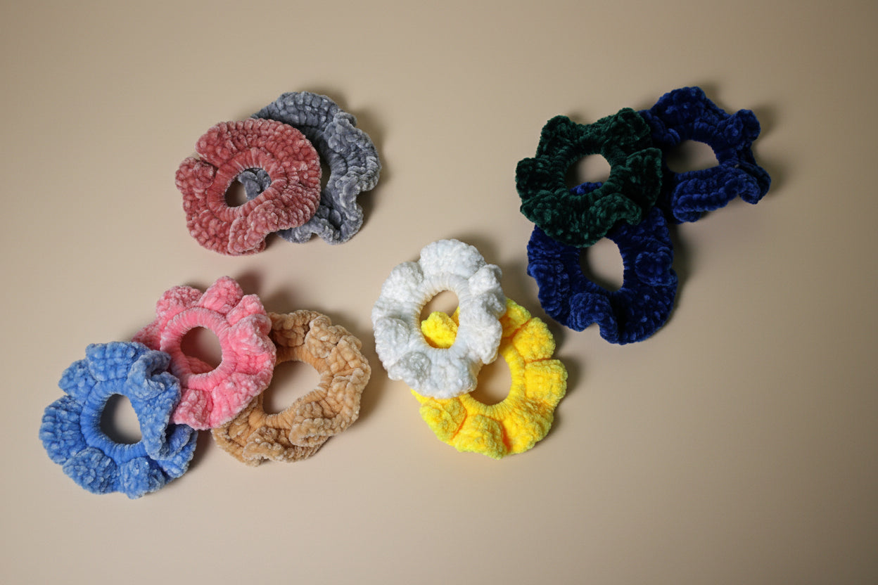 Handmade hair scrunchies from the crocheted wearables collection, crafted in France with love. 